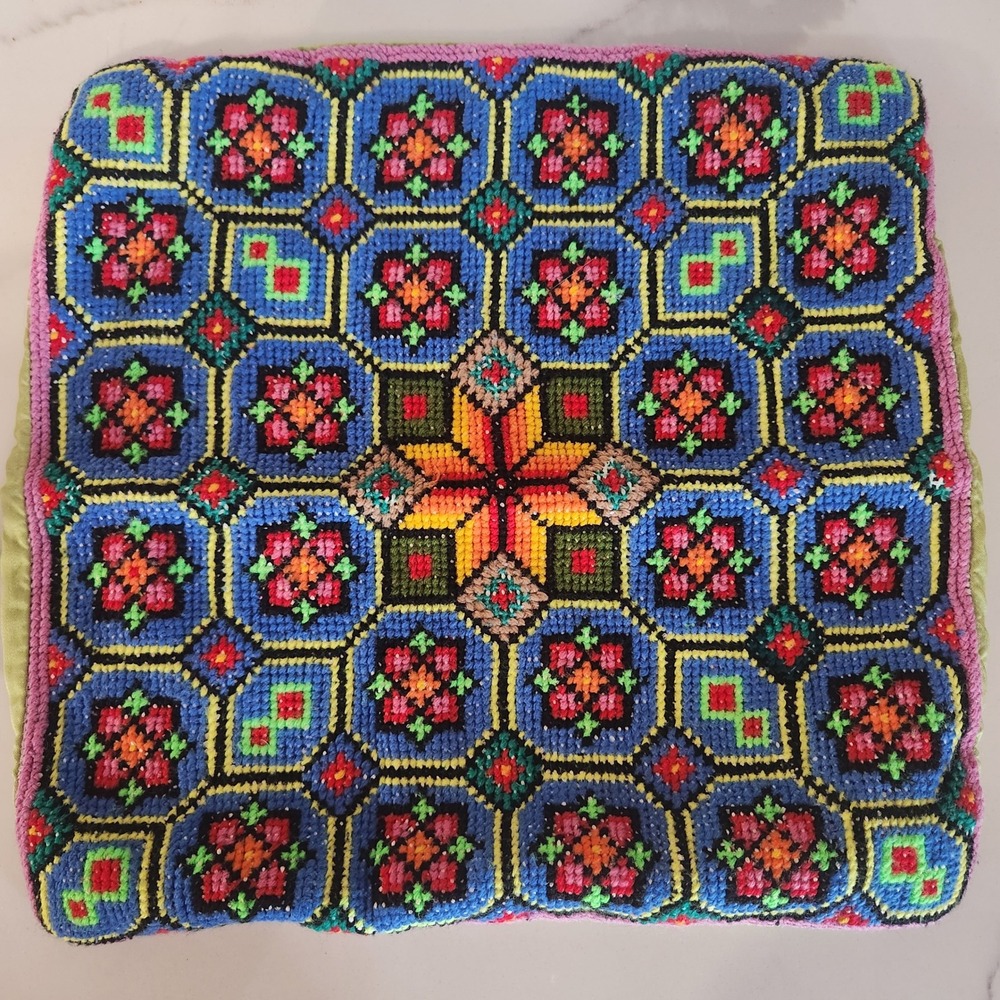 Vibrant Geometric Embroidered Pillow Cover Accent Cushion Case handmade vintage
